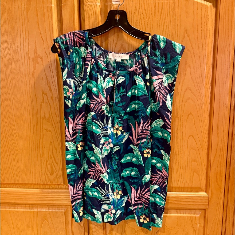 LOFT Women's Tropical Print Top - Green and Pink